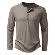 (S, army green) Men's Long Sleeve Cotton Henley Neck Button T-Shirt Casual Solid Color