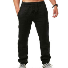 (M, Black) Summer Men Linen-look Pants Yoga Loose Baggy Holiday Beach Trousers