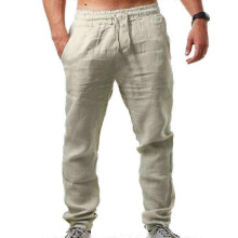 (M, Black) Summer Men Linen-look Pants Yoga Loose Baggy Holiday Beach Trousers
