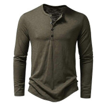 (S, army green) Men's Long Sleeve Cotton Henley Neck Button T-Shirt Casual Solid Color