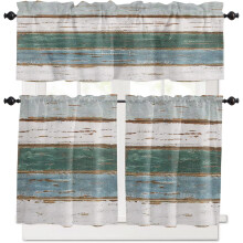 Vintage Farmhouse Kitchen Curtains 3-Piece Set (Valance + Tiers), Green & White Wood Grain, Rod Pocket, Cafe/laundry/bathroom, 36" Tier, compatible