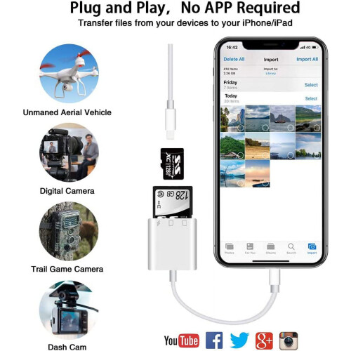 SD Card Reader compatible with iPhone & iPad, Micro SD Reader, Plug & Play, Simultaneous Charging & Reading 1