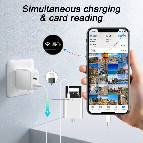 SD Card Reader compatible with iPhone & iPad, Micro SD Reader, Plug & Play, Simultaneous Charging & Reading 2