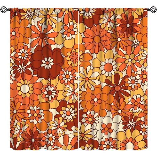 Boho Orange Daisy Curtains 52x84 inches