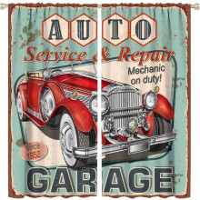 Retro Truck Curtains, Red & Shabby Green, 84x84in (2 Panels), Compatible with Classic Car Garage Theme