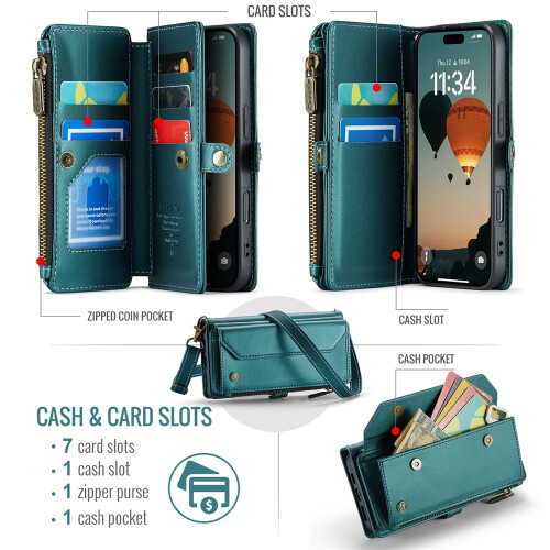 Δερμάτινη θήκη CaseMe για iPhone 17Pro 6,3 ιντσών – RFID Blocking, θήκη 7 καρτών, υποδοχή με 2