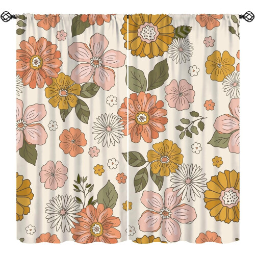 Retro 70s Floral Curtains Boho Pattern Rod Pocket Thermal 2
