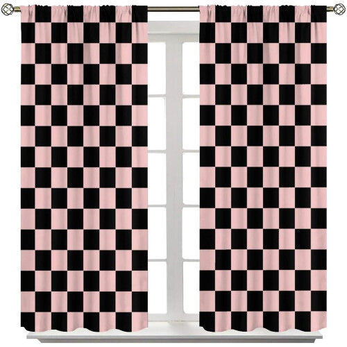 Ροζ μαύρες καρό κουρτίνες Vintage θερμοκουρτίνες2Panels 1