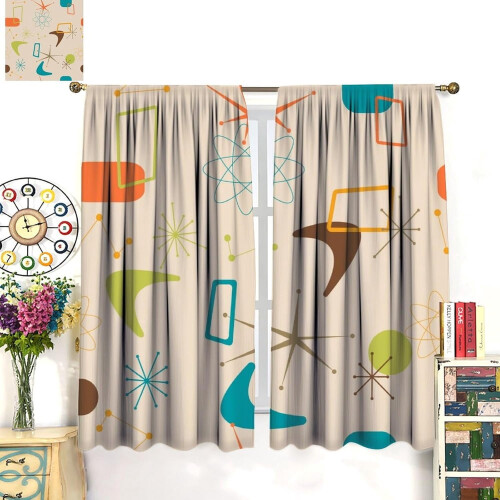Retro 50-tals beige termogardiner med stångficka, 2 paneler, 84x84 2