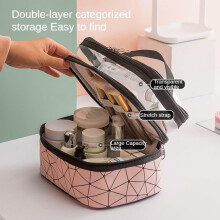 Clear Makeup Bag Large Double Layer Clear Makeup Pouch Waterproof with Handle and Divider Clear Cosmetic Bag PU Leather for Women Girls Gift (Pink)
