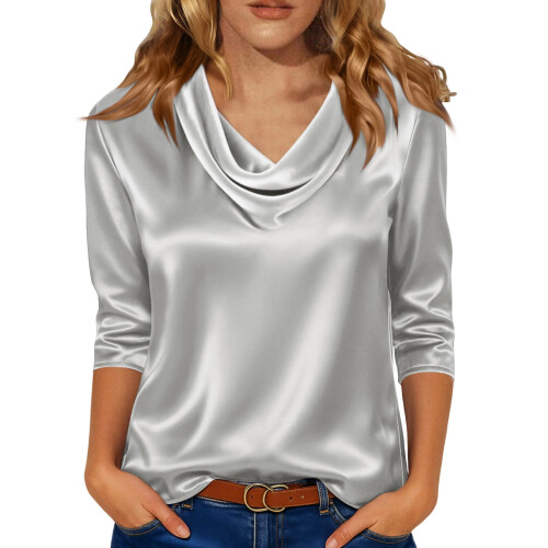 Women's Draped Neck Blouse Solid Color 3/4 Sleeve
