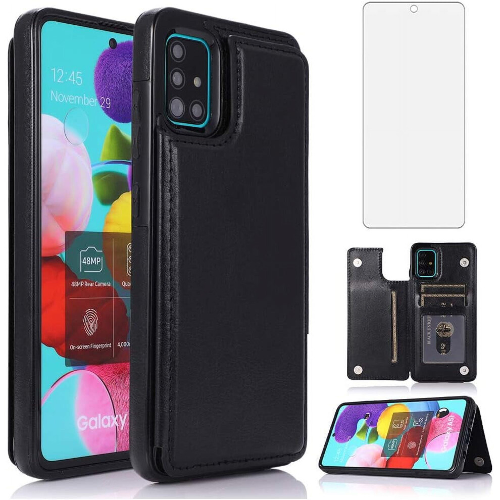 Compatible With Samsung Galaxy A51 (4G) Pu Leather Wallet Case With Tempered Glass, Card Slot & Kickstand Â Black 9448483133524