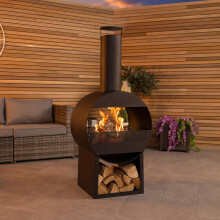 CHARLES BENTLEY 129cm Outdoor, Garden, Patio, Black Powder Coated Steel Modern Patio Heater, Chimenea, Wood And Charcoal Burner, With Poker, Log