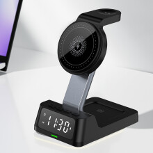 Wireless Charging Station with Digital Alarm Clock – 15W Fast Charger Stand for iOS, Android, Smartwatch & Headphones, Compatible with Qi