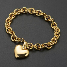 Pulsera con dije de corazón de acero inoxidable, 7.5 pulgadas, 8 mm, color dorado.