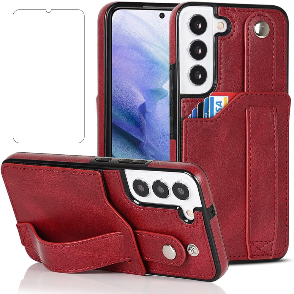 Samsung Galaxy S22+ (6.6") Case With Screen Protector, Wrist Strap, Kickstand, Card Slot, Slim Shockproof Hybrid Cover – Red 9448483136433