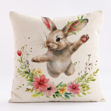 Capa de Almofada de Páscoa com Estampa de Ovos de Páscoa e Coelhos em Linho e Fleece Cor Pêssego - Uma Atividade Divertida para Todas as Idades