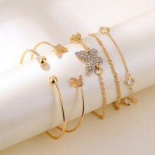 Pulseira aberta com borboleta boêmia e strass (5 peças)