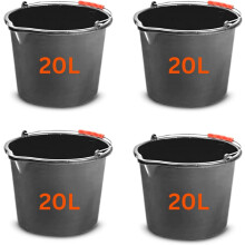 Set of 4 Large 20L Black Plastic Buckets with Handles Heavy Duty Multipurpose Containers - with Measuring Scale - MYPURECORE