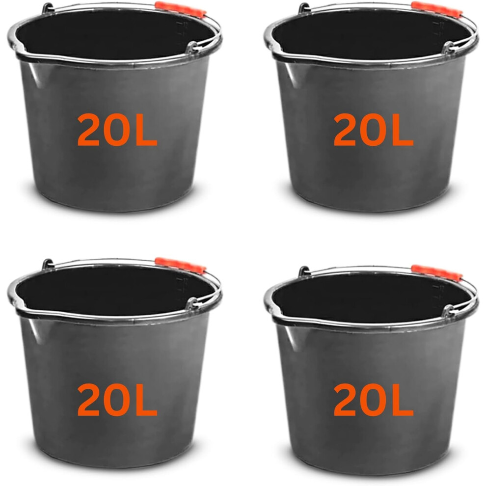 Set Of 4 Large 20L Black Plastic Buckets With Handles Heavy Duty Multipurpose Containers - With Measuring Scale - Mypurecore 5060603862448