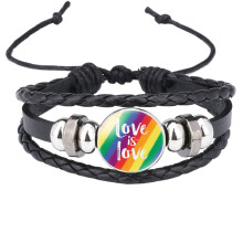 Rainbow LGBT Pride Leather Bracelet, Stainless Steel, Handmade Woven, Compatible with Unisex Wristbands, Black Style