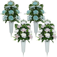 Conjunto de 2 Flores Artificiais para Cemitério – Buquê Memorial de Primavera com Vaso, Decoração Externa para Túmulos, Rosas e Gérberas,