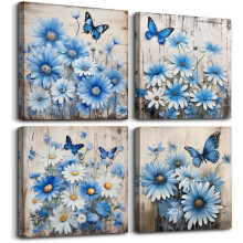 4-Piece Abstract Blue Flowers Canvas Wall Art – Compatible with Bedroom, Living Room, Office & Kitchen Decor