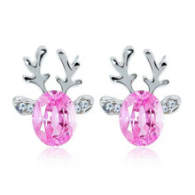 925 Silver Plated Jewellery Elegant Crystal Deer Reindeer Ear Stud Earring Gift-Pink