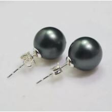6Colors 10mm South Sea Shell Pearl Round Beads Silver Stud Earrings AAA Grade-Black