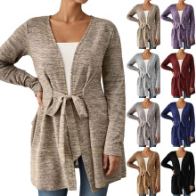 Damen-Cardigan, leichter Langarm-Cardigan, offener Schulterjäckchen, Herbst-Oberbekleidung mit Gürtel (Dunkelblau, Größe S)