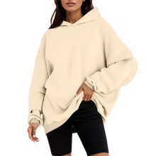 Langer Damen-Hoodie, leichtes Tunika-Sweatshirt mit Kapuze, Herbst-Winter-Pullover, Langarmshirt mit Tasche, Beige, Größe L