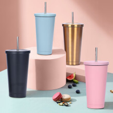 Lot de 4 gobelets isothermes en acier inoxydable avec paille, pour boissons chaudes/froides, couvercle étanche, compatibles avec la salle de sport,