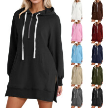 Hoodiejurk voor dames, casual, lange mouwen, losse pasvorm, halfrits, pullover met zakken, winterkleding, warme sporttrui voor wandelen, donkergrijs,