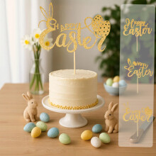 Lot de 3 décorations pour gâteaux de Pâques : œufs décorés avec l’alphabet, fanions en papier doré, décoration pour cupcakes et desserts,