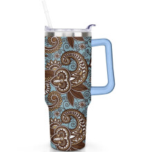 Gobelet isotherme à motif cachemire de 1,2 L avec poignée et couvercle à paille rabattable – Mug en acier inoxydable isolé sous vide et