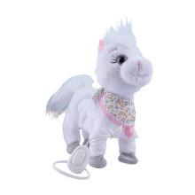 Mini poney électrique réaliste avec tablier à pompons – Cheval mécanique en peluche douce, jouet interactif pour enfants.