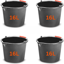 Set of 4 Large 16L (4.2 Gallon) Black Plastic Buckets with Handles Heavy Duty Multipurpose Containers - with Measuring Scale - MYPURECORE