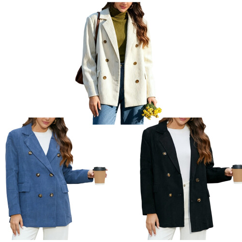 Retro Lapel Three Button Women's Blazers Loose-Blue L 2