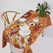 Boho Floral Tablecloth, Vintage 70s Hippie Bright Orange Flowers Groovy Abstract Print Table Cover for Party Picnic Dining Room Kitchen 60x102inch