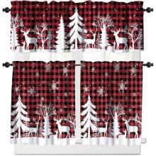 Christmas Kitchen Curtains Set Red Black Grid Snowflake Elk