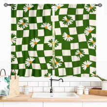 Hippie Curtains, Retro 1970s Green Checkered Boho Farmhouse Drapery – 2 Panels, 27.5x36 in