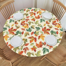 Fall Orange/Teal Maple Leaf Round Tablecloth with Elastic Edge, Washable & Reusable, Fits 40-44", Autumn Kitchen/Dining Decor