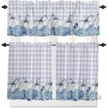 Fall White & Purple Pumpkin Kitchen Curtains Set, Rod Pocket Tier Valances, 24" Farmhouse Window Curtains, 3-Piece Thanksgiving Floral Check