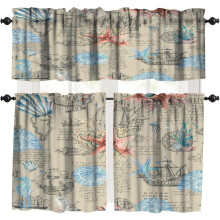 Vintage Coastal Kitchen Curtain & Valance Set, Watercolor Beach Nautical Theme, Starfish/Seashell/Coral, 54x18 in + 27x24 in x2