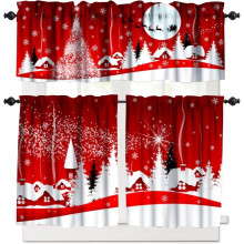 3-Piece Christmas Kitchen Curtains, Snowflake Print, Red Rod Pocket Valance Set, 54x36", for Small Windows – Compatible with Standard Rods