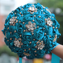 Bridal Holding Wedding Bouquet Bridesmaid Satin Rose Artificial Pearls Satin Ribbons Wedding Floral Bouquet,Blue