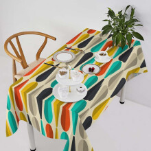 Mid Century Rectangular Tablecloth 60x102, Retro Boho Geometric Print in Orange, Teal & Black – Compatible with Kitchen, Holiday, Hotel