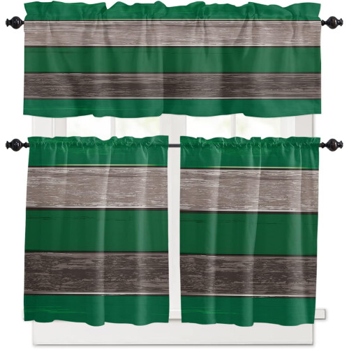 Ensemble de rideaux de cuisine style ferme, vert forêt et marron bois