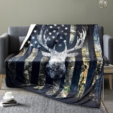Camo Deer Hunting Blanket USA Flag Design 50x60 Inch