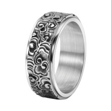 Men's Women's Stainless Steel Vintage Chinese Style Auspicious Clouds Rotatable Ring Silver Size 7
